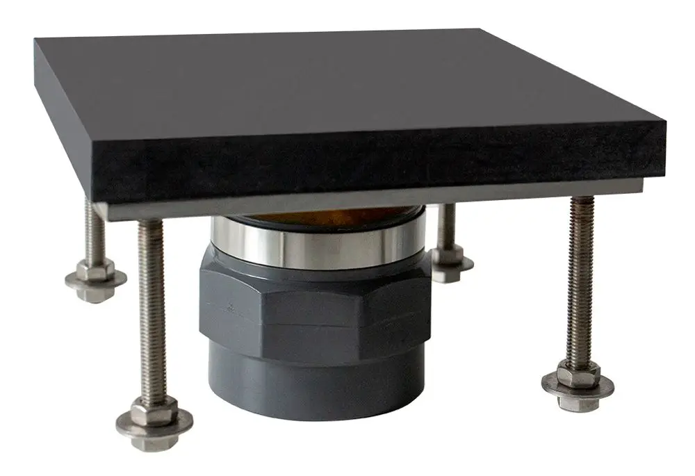 Schwarzer quadratischer Sockel mit vier verstellbaren Schrauben und einer runden Verbindung, vermutlich für den Einbau eines Geräts. Produkt von Grünbeck.